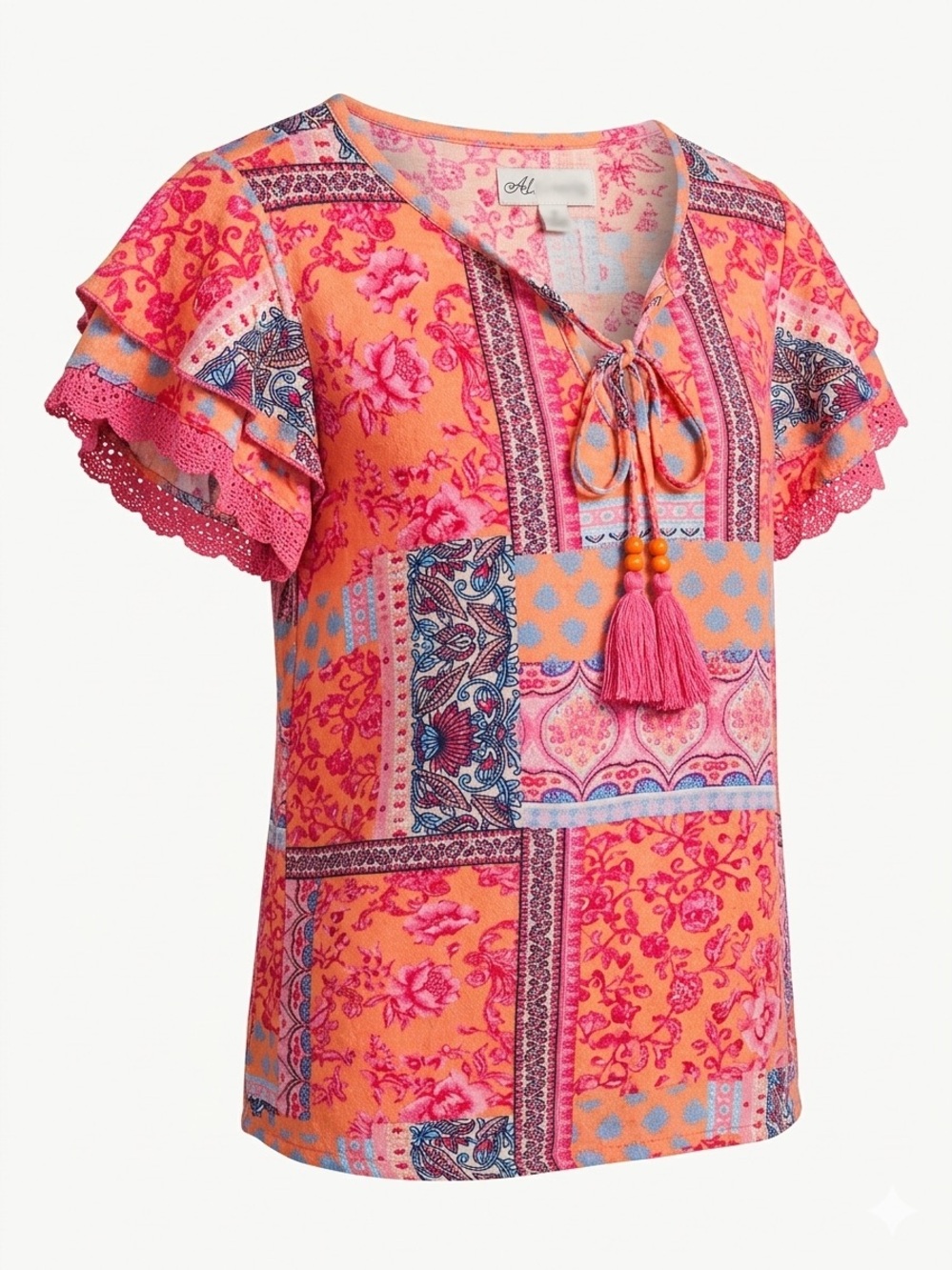 Almost Famous Pink & Orange Patchwork Tassel V-Neck Blouse